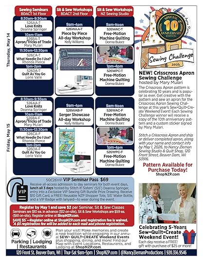 2026 Sew Quilt Create Weekend Event at the Nancy Zieman Sewing Studio And Quilt Shop in Downtown Beaver Dam WI 