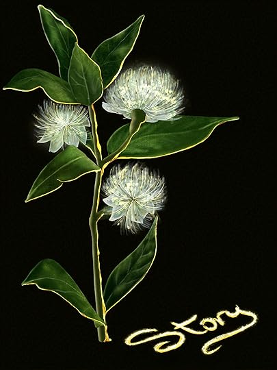 Fluffy pale dandelion-like flowers on a leafy stem. The leaves and stem are highlighted in gold, and the flowers are glowing, as if fairies are hiding inside them. Written in glowy script below, the word 'Story'