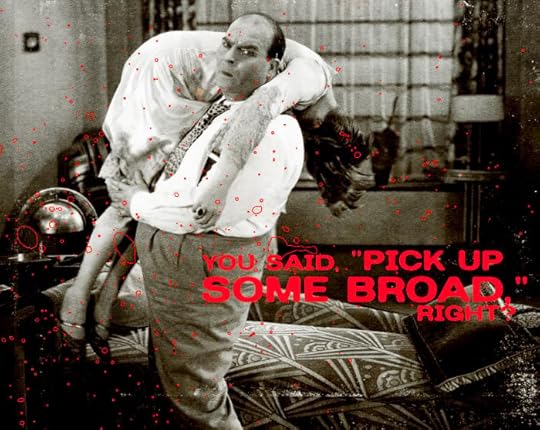 A vintage black and white photograph of a man carrying a woman over his shoulder saying, 