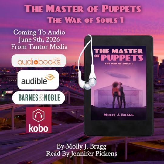 Image is an Ad for the Audio Book Release of The Master of Puppets, The War of Souls 1. It includes the cover of the novel, showing two black women kissing in front of an aircraft hanger with a flying saucer in the sky above them. The background is a pink sunset. The cover is displayed on an image of a tablet computer with a pair of earbud headphones handing over it. Test of the Ad says, 
