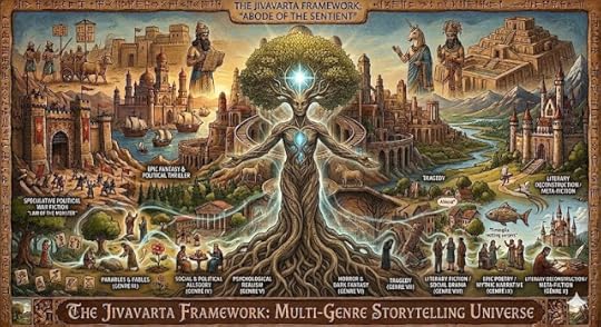 A detailed map of the Jivavarta storytelling universe by Shon Mehta featuring a central divine figure of Goddess Medini with a human torso and a base of sprawling tree roots, connecting various literary genres from epic fantasy to psychological realism.