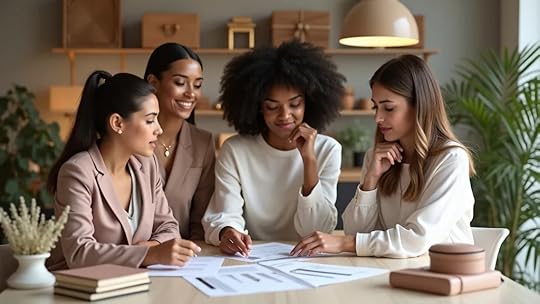 Exit readiness and business sale readiness – Diverse team of women entrepreneurs reviewing business sale documents with accessories products in a creative showroom.