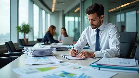 Business sale assessment preparation – Entrepreneur preparing financial, inventory, and operations materials for sale readiness in a professional boardroom.