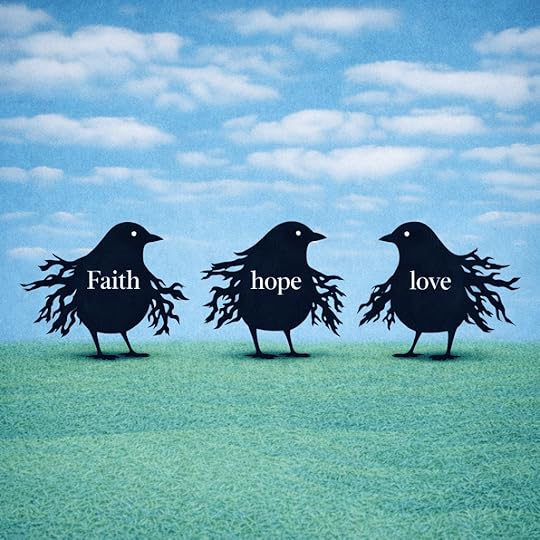 Black wings made of scattered words like hope, faith, love, and sorrow