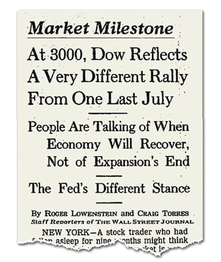 Newspaper clipping with headlines "Market Milestone," "At 3000, Dow Reflects A Very Different Rally From One Last July," "People Are Talking of When Economy Will Recover, Not of Expansion's End," and "The Fed's Different Stance."