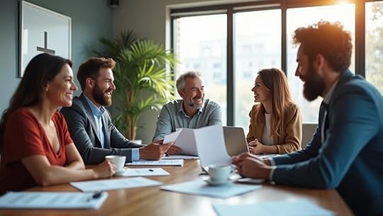 Christian business owners conducting a business sale readiness assessment in a sunlit office, with faith-based decor, laptops, and coffee cups