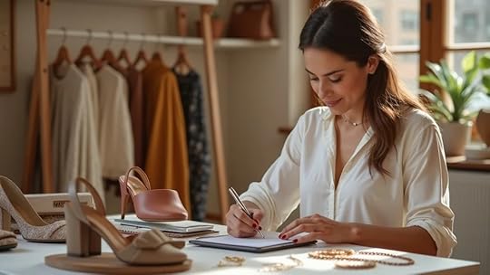 Female Christian business owner reviewing samples of shoes, handbags, and jewelry while analyzing business assessment documents in a creative studio
