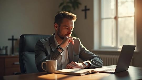 Contemplative Christian business owner reflecting with Bible, journal, and coffee in a softly lit office, symbolizing emotional readiness
