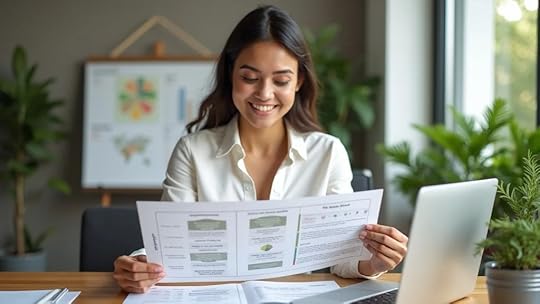 Inspired Christian business owner holding a 15-page roadmap in a modern office, smiling and empowered by clear profit strategies for sale readiness