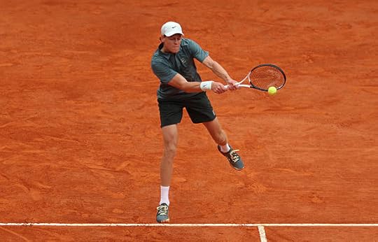 Jannik Sinner of Italy plays a backhand against Carlos Alcaraz of Spain during the Men's Singles Final during day eight of the Rolex Monte-Carlo...