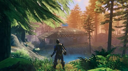 Screenshot from the game Valheim.Char is looking at his (very big) house in the middle of a forest. It is illuminated by the sun, framed by trees, looking peaceful and safe.