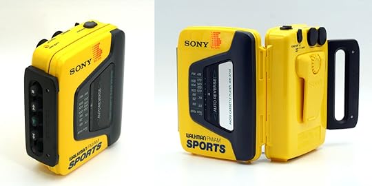 Two images of a yellow Sony Walkman. The first is in 3/4 view, showing the side with function buttons (rewind, play, fast forward, and stop). The second is the device fully opened, showing the front, back, and side closure latch.
