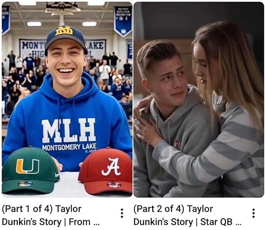 A smiling young man in a blue hoodie holding baseball caps for the University of Miami and the University of Alabama, with an enthusiastic crowd in the background.