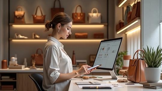 Woman reviewing inventory processes for sale-ready accessories brand, assessing handbags and jewelry in a modern, organized studio environment.