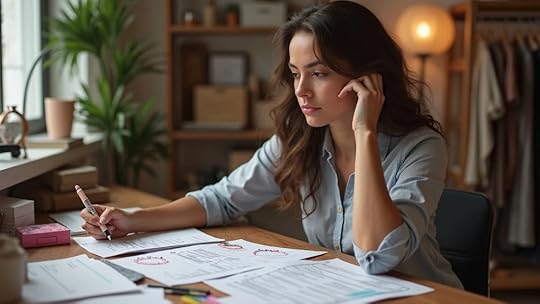 Concerned fashion business owner reviewing pricing and inventory sheets for business sale readiness assessment in accessories.