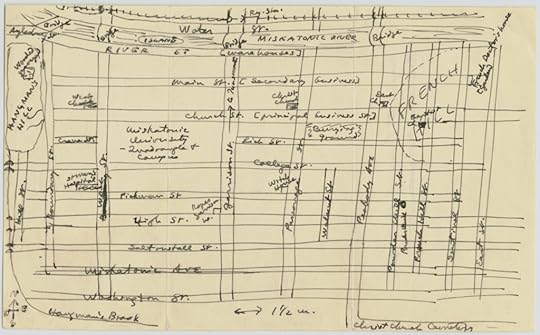 Handwritten map depicting streets and landmarks in a city, including reference to rivers, universities, and various street names.