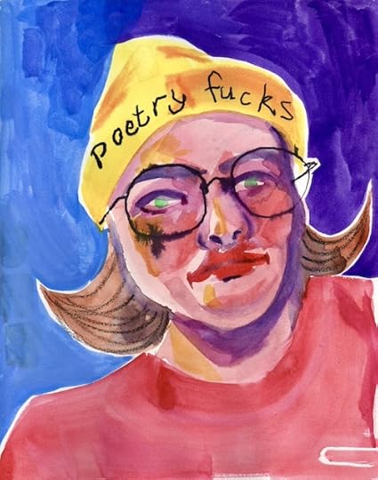 Painted portrait of the poet, Pixie, in bold primary colours. Pixie wears glasses, a red top, and a yellow hat that reads 