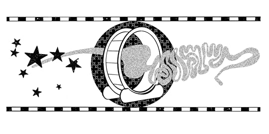 A black and white illustration of a cat running wheel, floating through it is an illustrative depiction of a whale's digestive system, tip to tail.