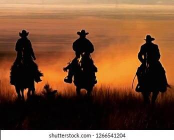 This may contain: silhouettes of three cowboys riding horses in the sunset