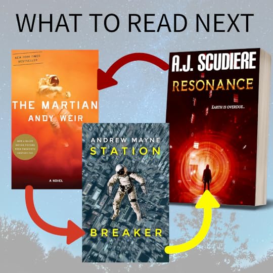 book covers for The Martian, Station Breaker and Resonance with words 