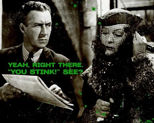 A vintage-style black and white photo of a man and a woman. The man is pointing to the newspaper, saying 