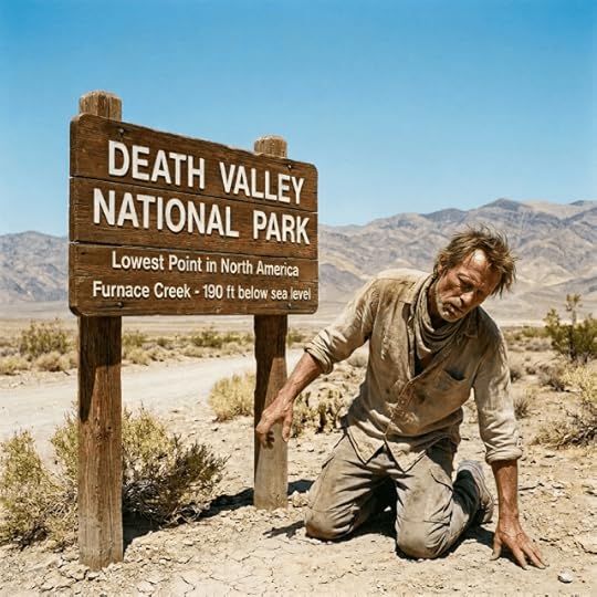 Man holding water bottle near Death Valley National Park sign