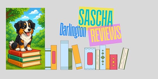A cartoon dog sitting on a stack of colorful books with a background of trees and blue sky, accompanied by the text 'Sascha Darlington REVIEWS'.