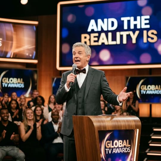 Man in suit and bow tie holding microphone at podium with Global TV Awards logo