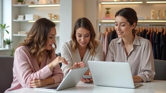 Modern women entrepreneurs working on E-commerce growth strategy for small businesses in a fashion accessories studio. Team members reviewing sales and growth data in a collaborative, bright workspace with clothing racks, jewelry displays, and organized shelves.