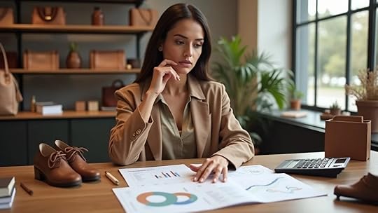 Stylish fashion brand owner reviewing e-commerce growth strategy for small businesses through modern financial reports and product samples like handbags and shoes.