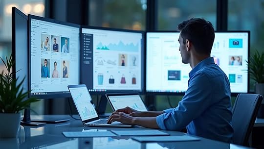 Fashion brand founder planning multi-channel e-commerce growth strategy for small businesses—social media, website analytics, and email campaigns on screen.