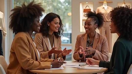 Vibrant group of diverse women business owners discussing e-commerce growth strategy for entrepreneurs in a modern boutique with accessories displays.