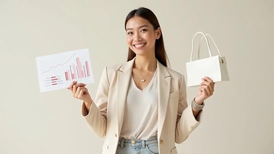 Confident woman entrepreneur balancing fashion accessories with business analytics for e-commerce growth strategy for entrepreneurs.