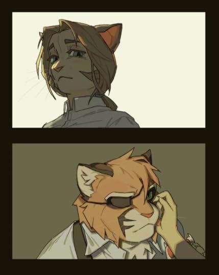 Digital illustration of Elsa and Viktor from Lackadaisy with two panels of each of their faces with her hand touching his face