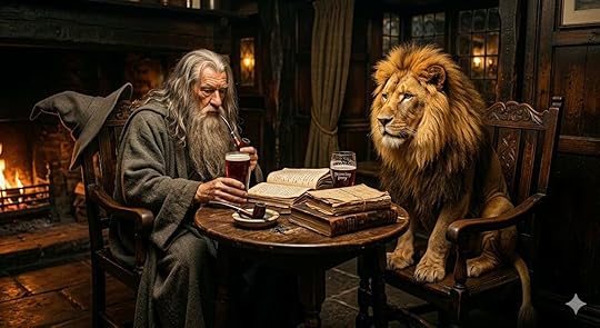 A small round wooden table with a half-full pint of amber ale, an old-fashioned tobacco pipe resting in an ashtray, and a stack of weathered, handwritten manuscripts or old hardback books. Sat around the table are Gandolf and Aslan. 
