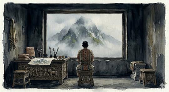 Digital watercolor inkwash of a solitary painter in ancient clothing sitting on a wooden stool in a sparse mountain workshop. Seen from behind, the artist gazes out of a large stone window at a singular, immense peak shrouded in fog. On a carved ancient table, a finished painting of the mountain lies next to clay tablets and ink pots. The scene represents the philosophical concept of Dasein and the 'Distance Within,' contrasting the silence of creation with the noise of the city.