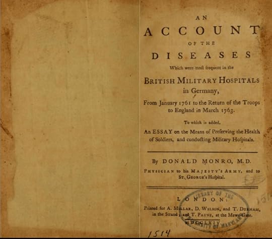 Title page of 'An Account of the Diseases which were most frequent in the British Military Hospitals in Germany', authored by Donald Monro, M.D., detailing military health from 1761 to 1763.