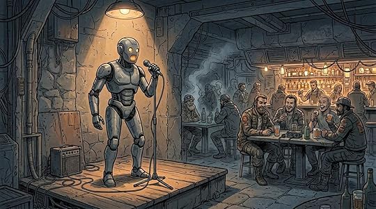A matte gray service bot stands behind a microphone on a small stage in a dimly lit colony bar, its smooth faceplate reflecting the flickering overhead light. Miners and drifters sit at rough tables, some laughing, some leaning forward. A bar counter cluttered with glasses glows in the background. Comic book illustration style. Story art for Gig’s Last Call for Laughs, a Sci-Fi Signals story.