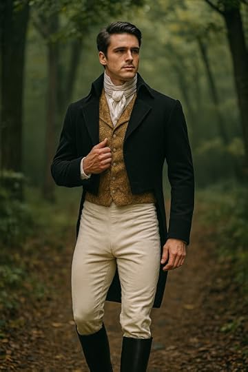 Regency-era spy hero Michael Coulton-Jones in period clothing on a wooded path, from a Christian romantic suspense series.