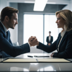 A man and woman sit on opposite sides of a table, hands clasped in the middle as if in a conflict