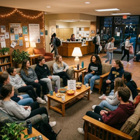 Group of students seated in a dorm lounge having a mental health support meeting