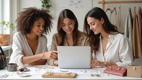 E-commerce growth strategy for startups: Women-led accessory brand team collaborating on jewelry, handbags, and shoes in a bright creative studio.