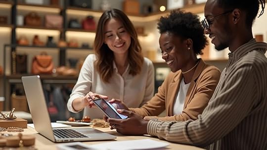 E-commerce growth strategy for startups: Accessory sales channel team updating inventory on tablet, boutique showcasing jewelry, shoes, and handbags.