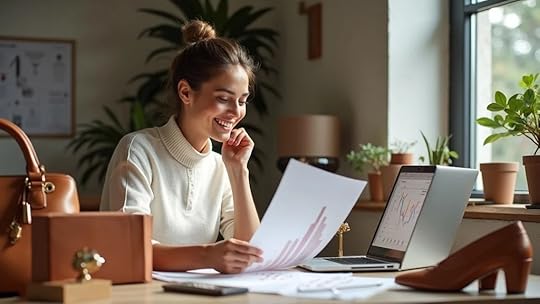 E-commerce growth: Founder celebrating success with growth charts and accessory products in a home office.