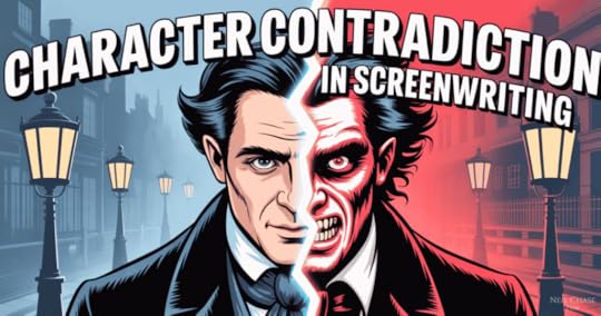 Illustration of Dr. Jekyll and Mr. Hyde with large text saying Character Contradiction in Screenwriting