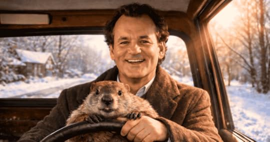 A smiling Phil Connors drives an old truck through a snowy town while a groundhog grips the steering wheel, creating a playful winter scene.