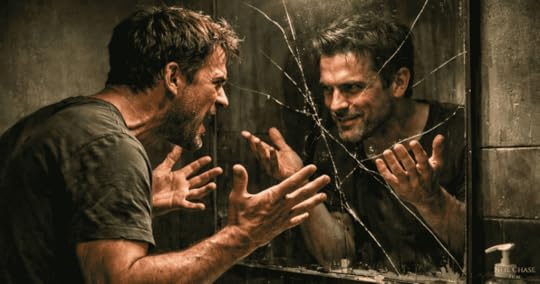 A distressed man shouts at his reflection in a cracked, dirty mirror, hands raised as the dim room heightens the tense mood.