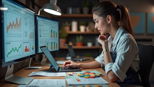 Focused woman entrepreneur studies digital growth analytics for her fashion accessories e-commerce brand