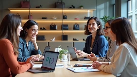 Diverse team of women entrepreneurs collaborating on e-commerce growth strategy surrounded by fashion accessory samples