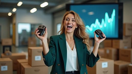 Successful woman entrepreneur celebrates sales milestone in a fashion accessories shipping area, reflecting e-commerce growth strategy